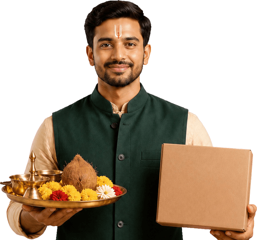 A priest holding a brass puja thali and a Dharma Seva delivery box
