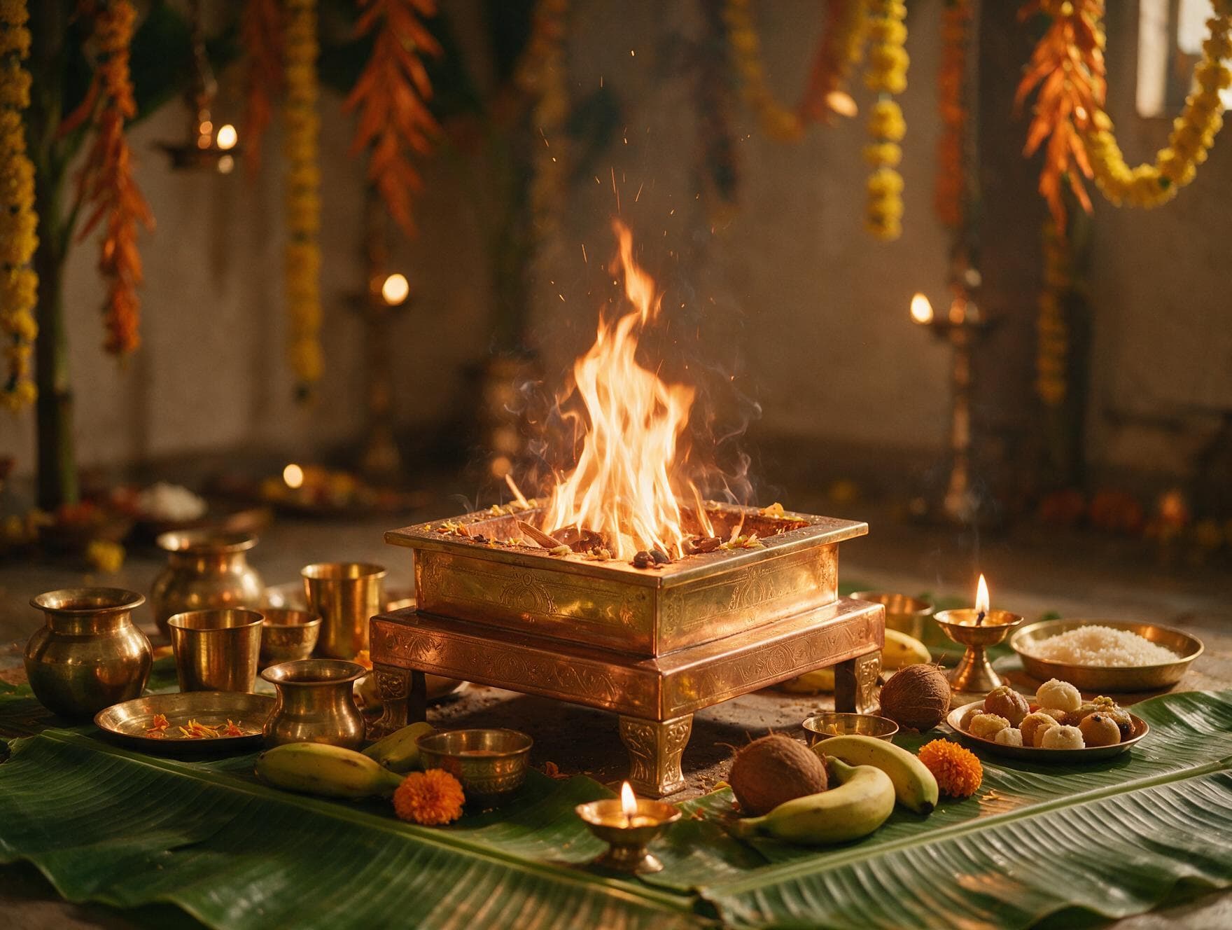 Traditional puja items arranged for Chandi Homam