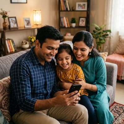 A family of three sitting together on a sofa at home, looking at a puja list on a phone