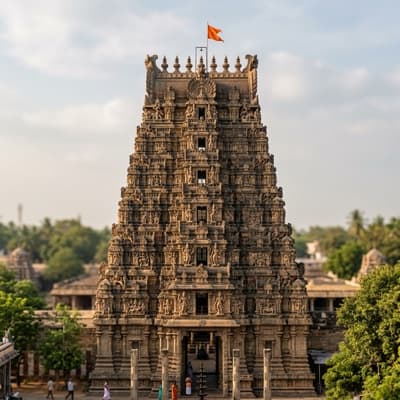 A carved temple gopuram rising against an evening sky, with devotees at its entrance